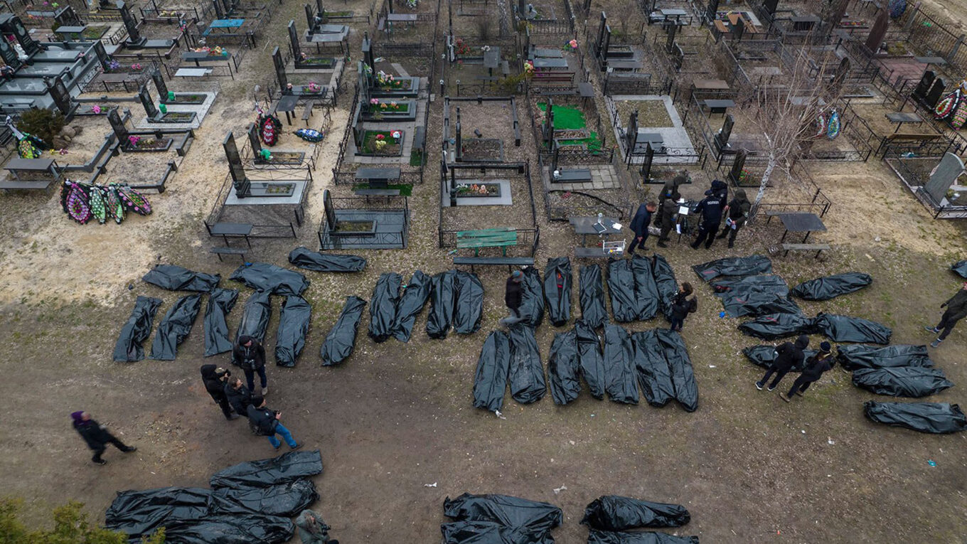 Rows of body bags in Ukraine's Bucha